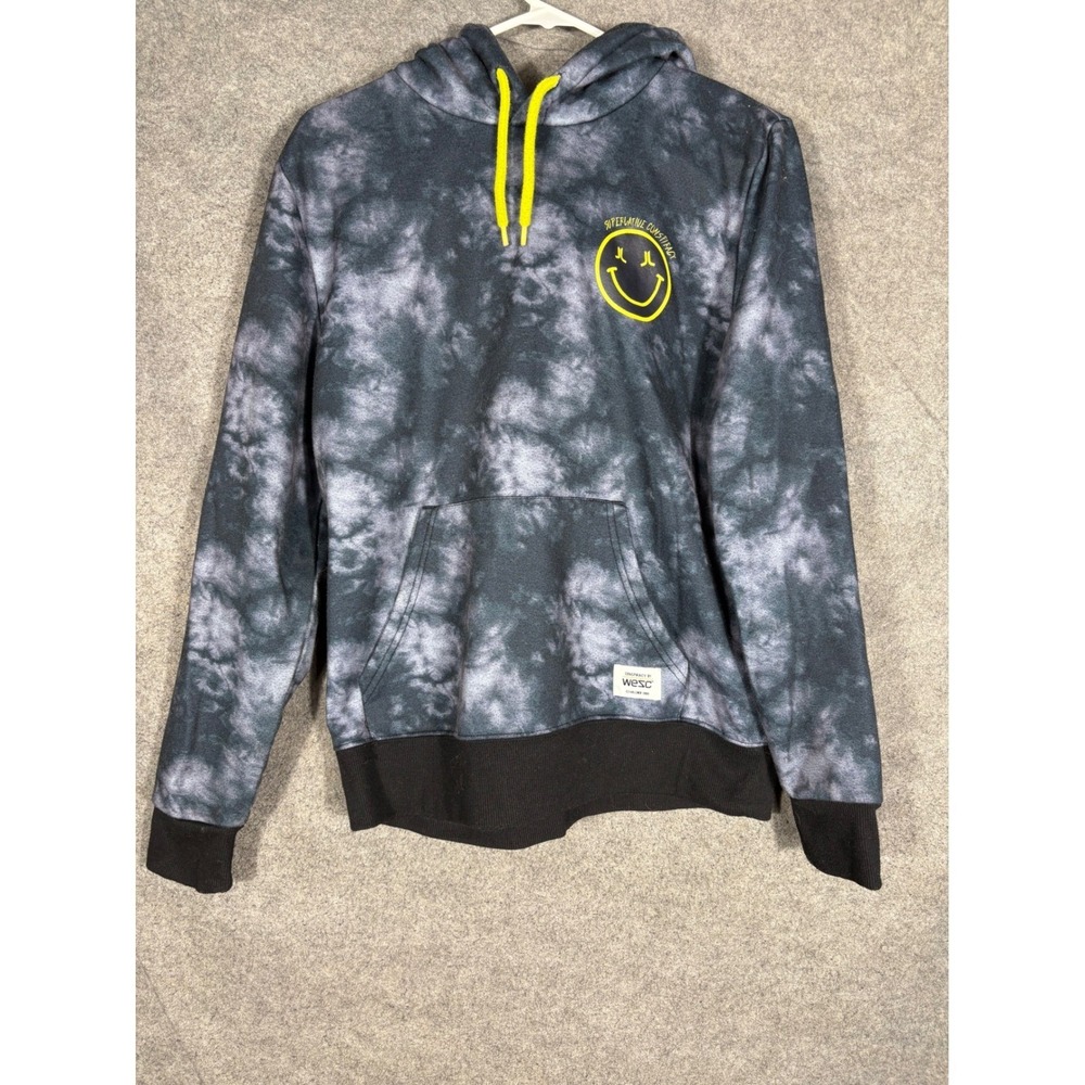 WeSC Mike Happy Hoodie Mens Medium Grey Black Tie Dye Smiley Face Sweatshirt